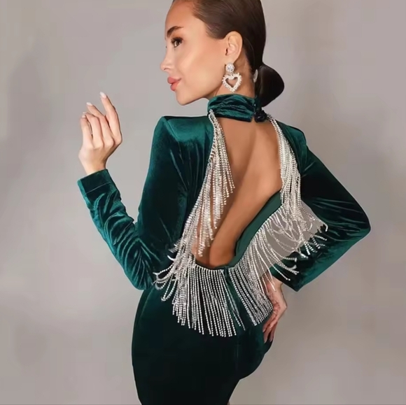 Green Sexy Fashion Backless Diamonds Tassel Rayon Velvet Dress - Picture 3 of 6